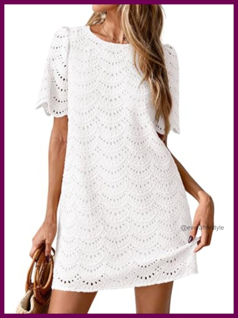 Eyelet Lace Short Dress Cotton Mini Shift Keyhole Back